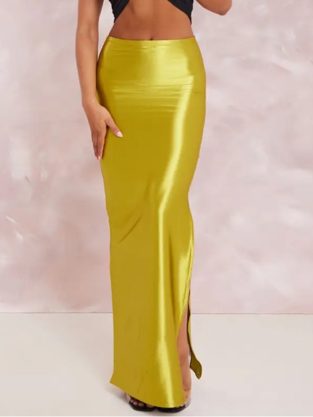 PRETTYLITTLETHING Chartreuse Bodycon Maxi Skirt High Slit Size UK 8 / US 4